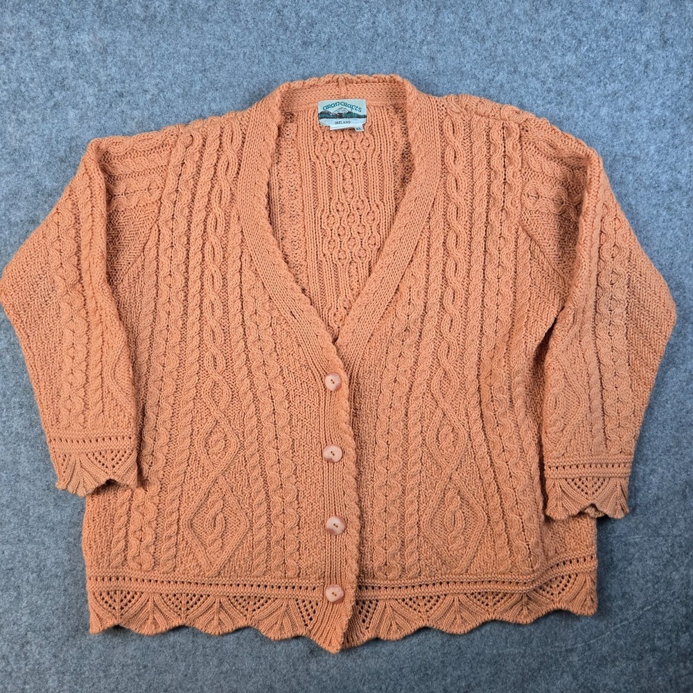 Aran Crafts Cardigan Sweater Womens XL Orange Ireland‎ Merino Wool Fisherman